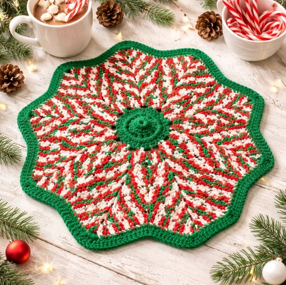 Other - Festive Green & Red Hand Crocheted Christmas Doily, Vintage Festive Table Decor